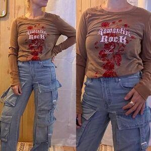 Y2k Brown Graphic Shirt‎ Long Sleeve Top Womens Size Small Western Rock Rose